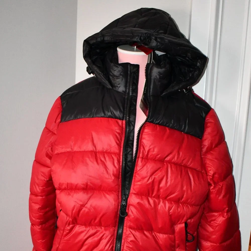 Point Zero Color Block Matte Shine Puffer Jacket in RED Size: LARGE #7958037DL